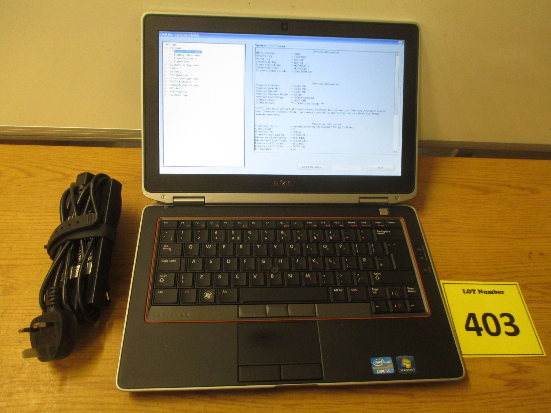 DELL LATITUDE E6320 CORE i5 LAPTOP. 2.5GHZ PROCESSOR, 2GB RAM, 250GB HDD, DVDRW, PSU & W7 ULT COA