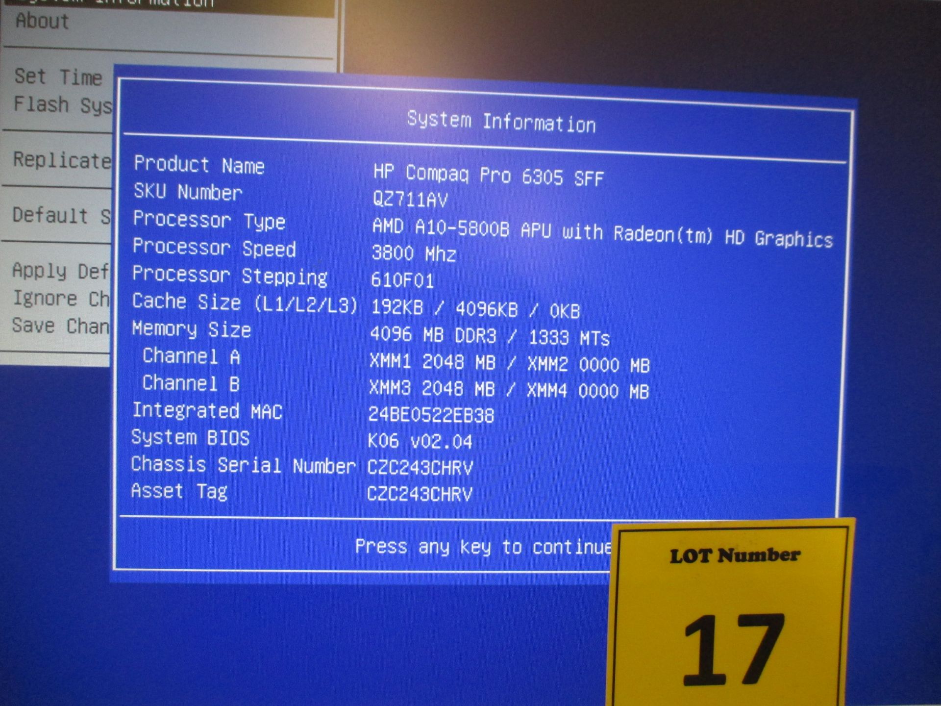HP COMPAQ PRO 6305 SMALL FORM FACTOR COMPUTER. AMD A10 QUAD CORE 3.8GHZ PROCESSOR, 4GB RAM, 160GB - Image 3 of 4