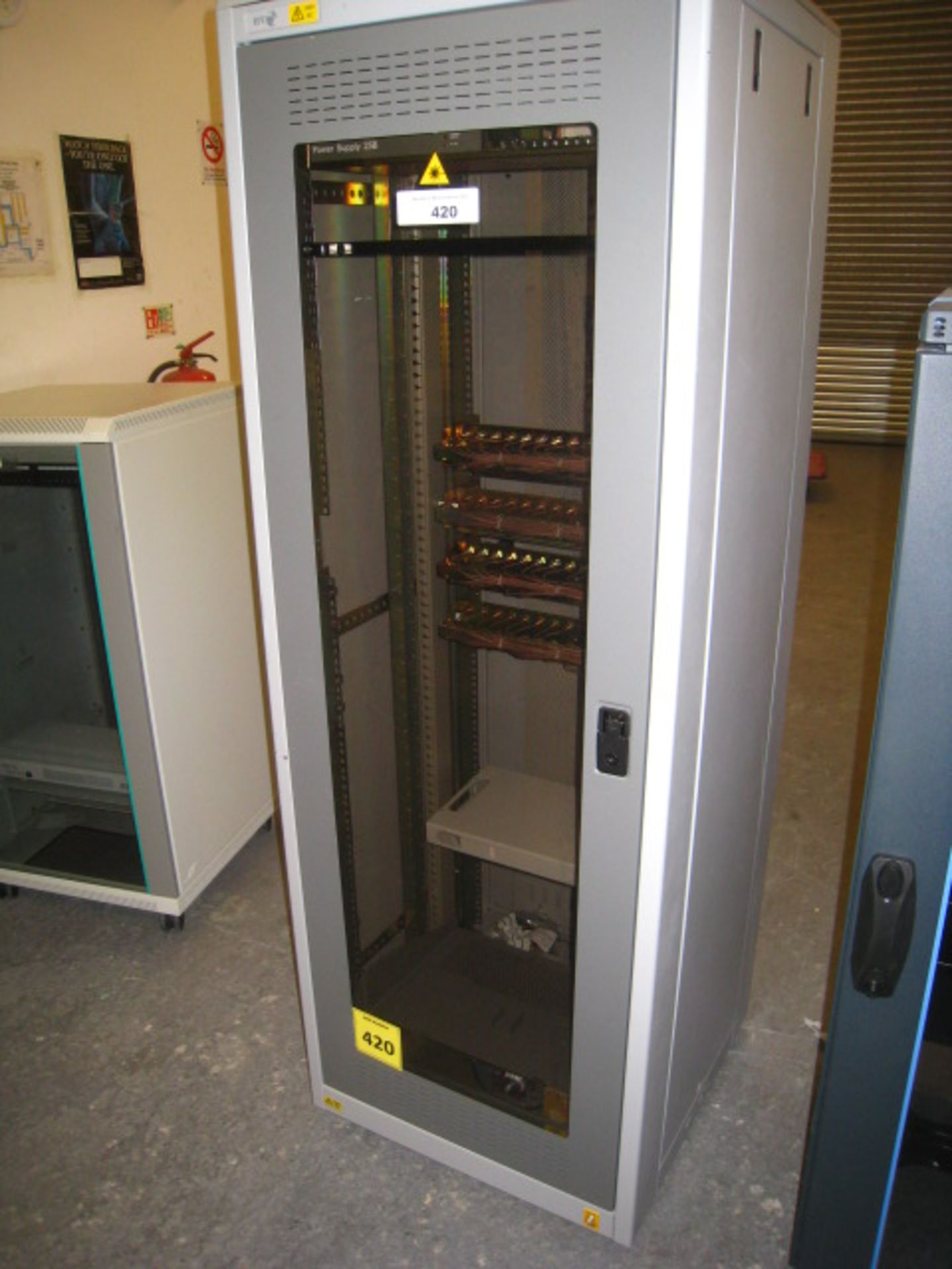 COMMS CABINET ON WHEELS. 172CM TALL, 60CM WIDE AND 60CM DEEP. WITH PSU UNIT. SEE PHOTOS