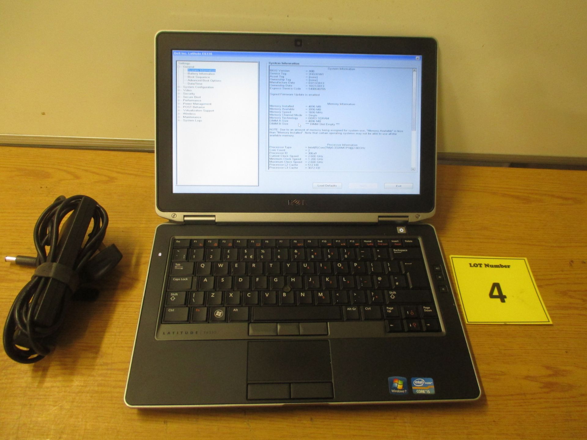 DELL LATITUDE E6330 CORE i5 LAPTOP. 2.6GHZ PROCESSOR, 4GB RAM, 320GB HDD, DVDROM, PSU & W7 ULT COA