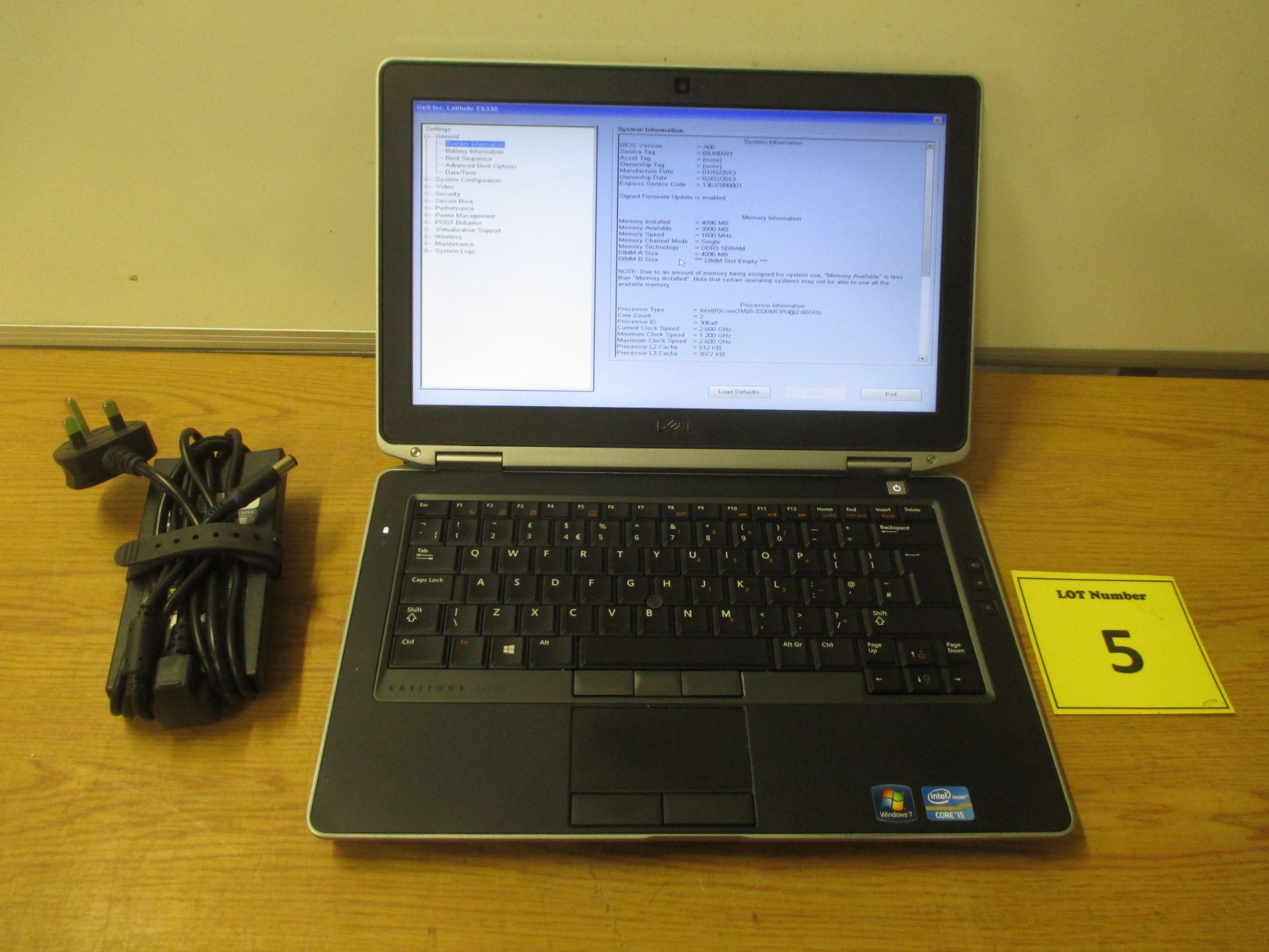 DELL LATITUDE E6330 CORE i5 LAPTOP. 2.6GHZ PROCESSOR, 4GB RAM, 320GB HDD, DVDROM, PSU & W7 ULT COA