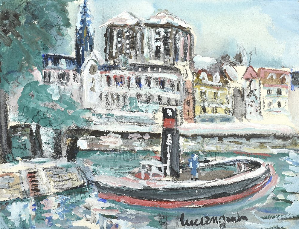 Lucien GENIN (1894-1953) Paris, bateau sur la Seine Gouache sur papier, signée en bas à droite. 20 x