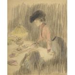 Maurice de LAMBERT (né en 1873) Repas du soir Fusain et crayon de couleurs sur papier, signé en