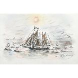 André Hambourg (1909-1999) Bateau pavoisé Encre de Chine, aquarelle et crayons de couleur sur