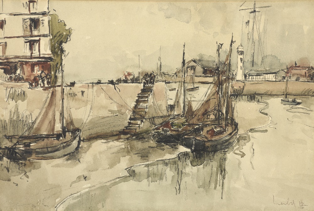 Fernand HERBO (1905-1995) Honfleur, Port à marée basse Aquarelle, signée en bas à droite. 30 x 45