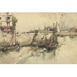 Fernand HERBO (1905-1995) Honfleur, Port à marée basse Aquarelle, signée en bas à droite. 30 x 45