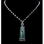 A fine natural pearl, platinum and diamond jadeite necklace, the pale apple green coloured carved