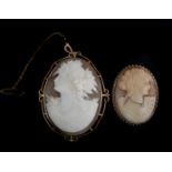 An antique gold mounted shell cameo brooch/pendant, c1870, the oval cameo carved with a young lady