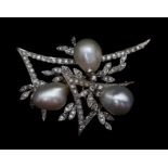 A diamond and pearl brooch, three pearls set in white gold in a striking geometric stylised spray,