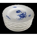 A Royal Copenhagen porcelain blue flowers curved pattern dinner plates, shape no.10-1621, 25.5cm