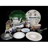 A group of decorative ceramics including a Portuguese pottery cabbage leaf bowl; and a silver plated