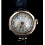 An Art Deco 9k gold wrist watch, 15 jewel movement, stamped AFRS, case stamped 9 375, FD,1237H