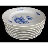 A Royal Copenhagen porcelain blue flowers curved pattern dinner plates, shape no.10-1621, 25.5cm