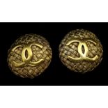 Chanel Vintage Costume Jewellery - Season 29 basket weave button earrings, overlaid with double C