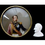 A 19thC carved ivory cameo portrait of a gentleman; and a hand coloured reverse print on glass, of a