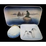 Two Royal Copenhagen porcelain tray dishes, little mermaid in harbour with boats, Langelini, shape