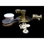 Scientific Instruments - Three jewellers magnifying lenses in horn hounts; a microscope lens in