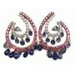 A pair of Italian pink sapphire, diamond and ilolite earrings, formed as horseshoe, lines in white