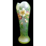 A Legras uranium green glass vase, of cylindrical form on spreading foot and with trefoil neck,