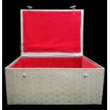 A Chinese brocade covered porcelain storage box, cherry red plush lined interior
