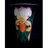 Sally Tuffin for Dennis Chinaworks - yellow and orange orchid on black ground trumpet flute vase,