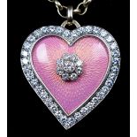 A diamond a pink guilloche enamel heart form brooch/pendant and chain, the pendant set with a flower