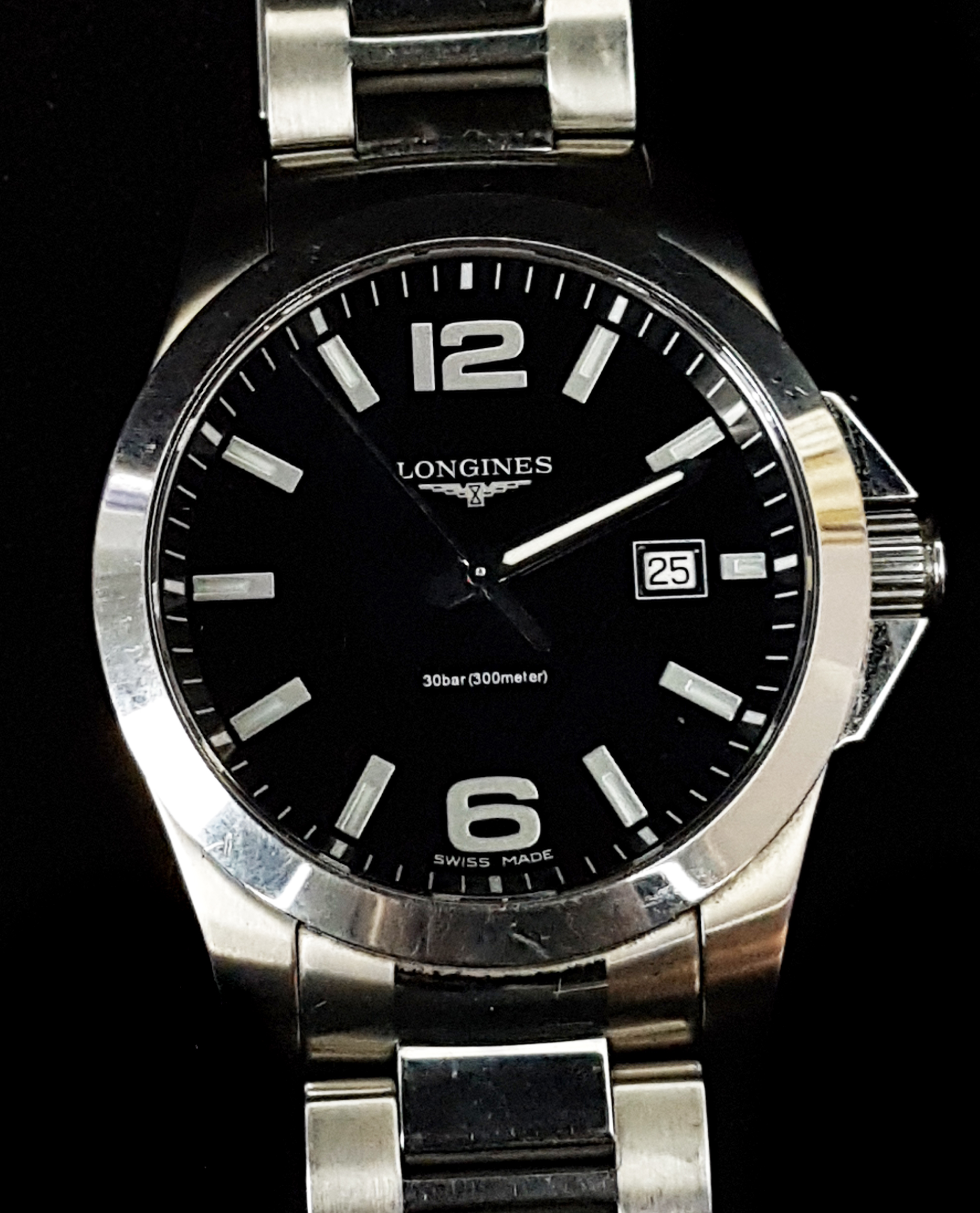 A Longines Gentleman's stainless steel wristwatch, black dial marked 30 bar (300 meters) the black - Image 2 of 2