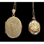 Two 9ct gold oval lockets on chains, one chased with a spray of three flowers; the other with