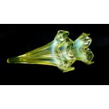 Two vasaline and uranium glass trumpet flutes, fluted with wavy rims, 14cm high (2)
