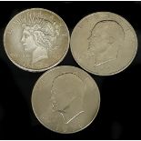 Three United States of America one dollar coins, 2 x 1971 with Eisenhower to verso, 1 x peach