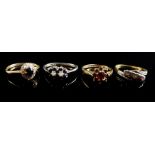 Four dress rings comprising opal and sapphire double flower form ring set in white metal; 18ct