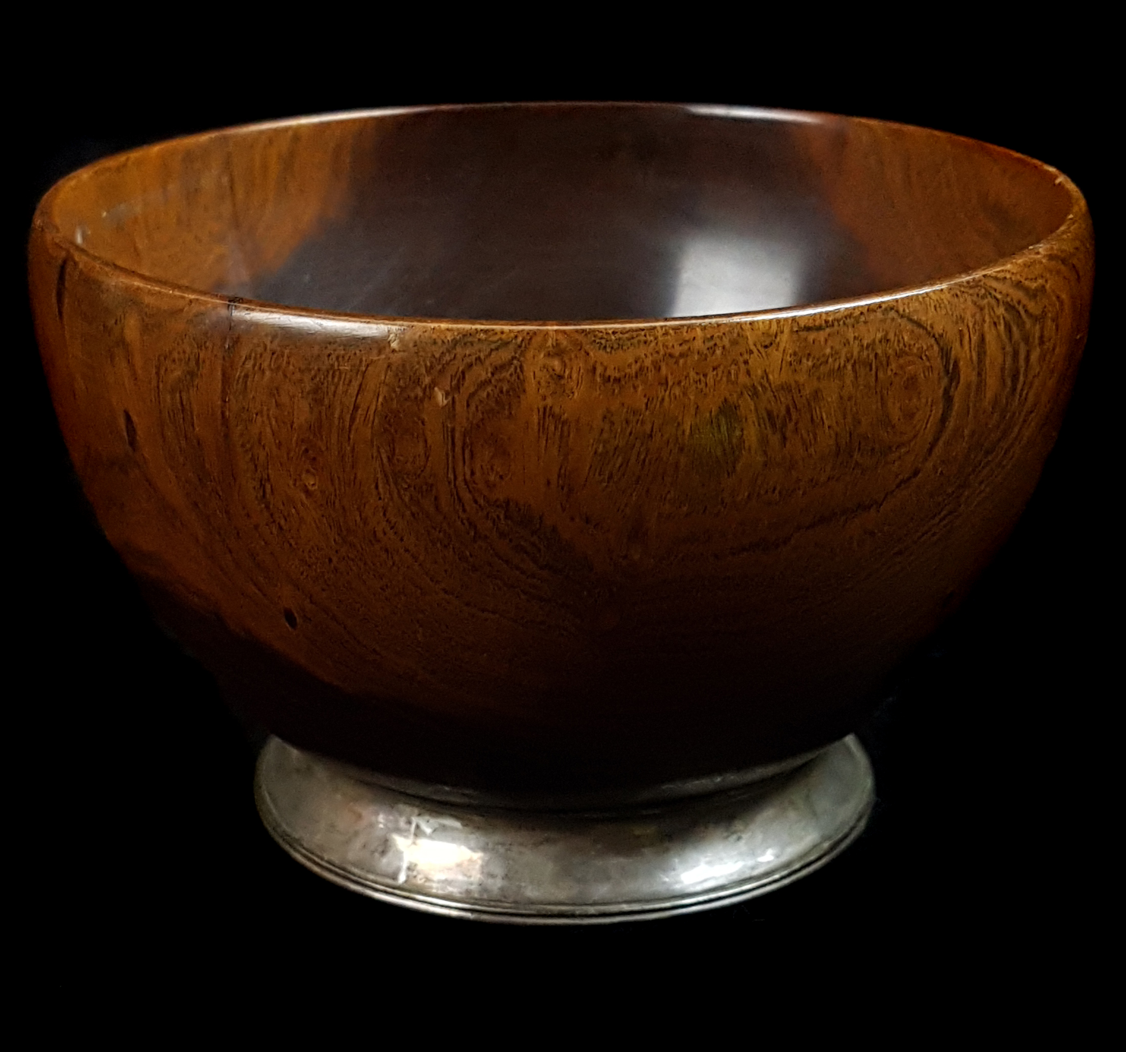 A turned wood Mazer bowl, the interior set with a large cabouchon Tigers Eye stone with metal mount - Image 2 of 4