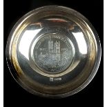 Elizabeth II and Prince Phillip silver wedding coin dish, the well engraved with a view of