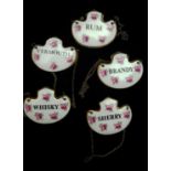 5 Vintage Royal Addersley bone china wine labels, printed with pink rosebuds about, Vermoutg,