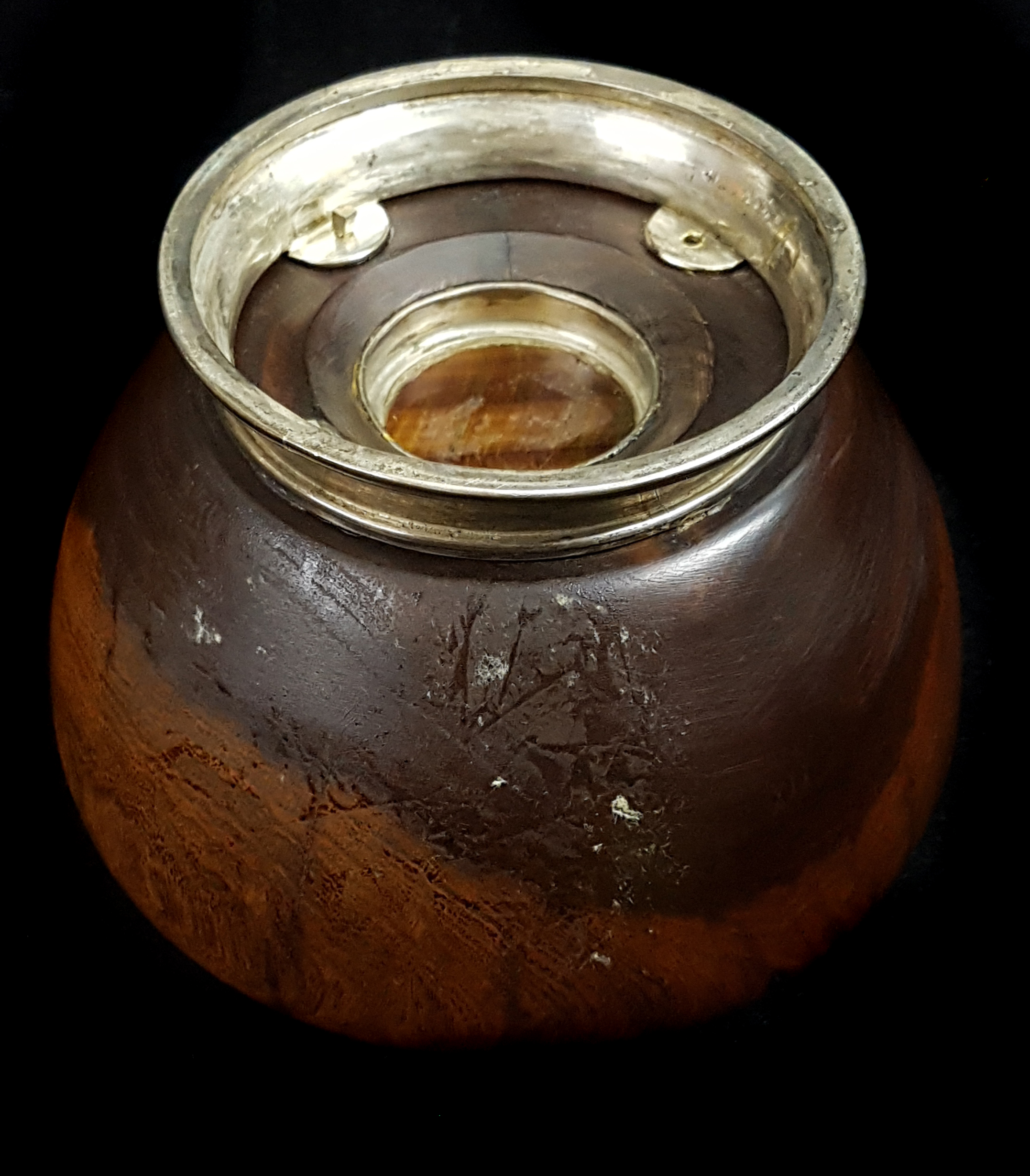 A turned wood Mazer bowl, the interior set with a large cabouchon Tigers Eye stone with metal mount - Image 3 of 4