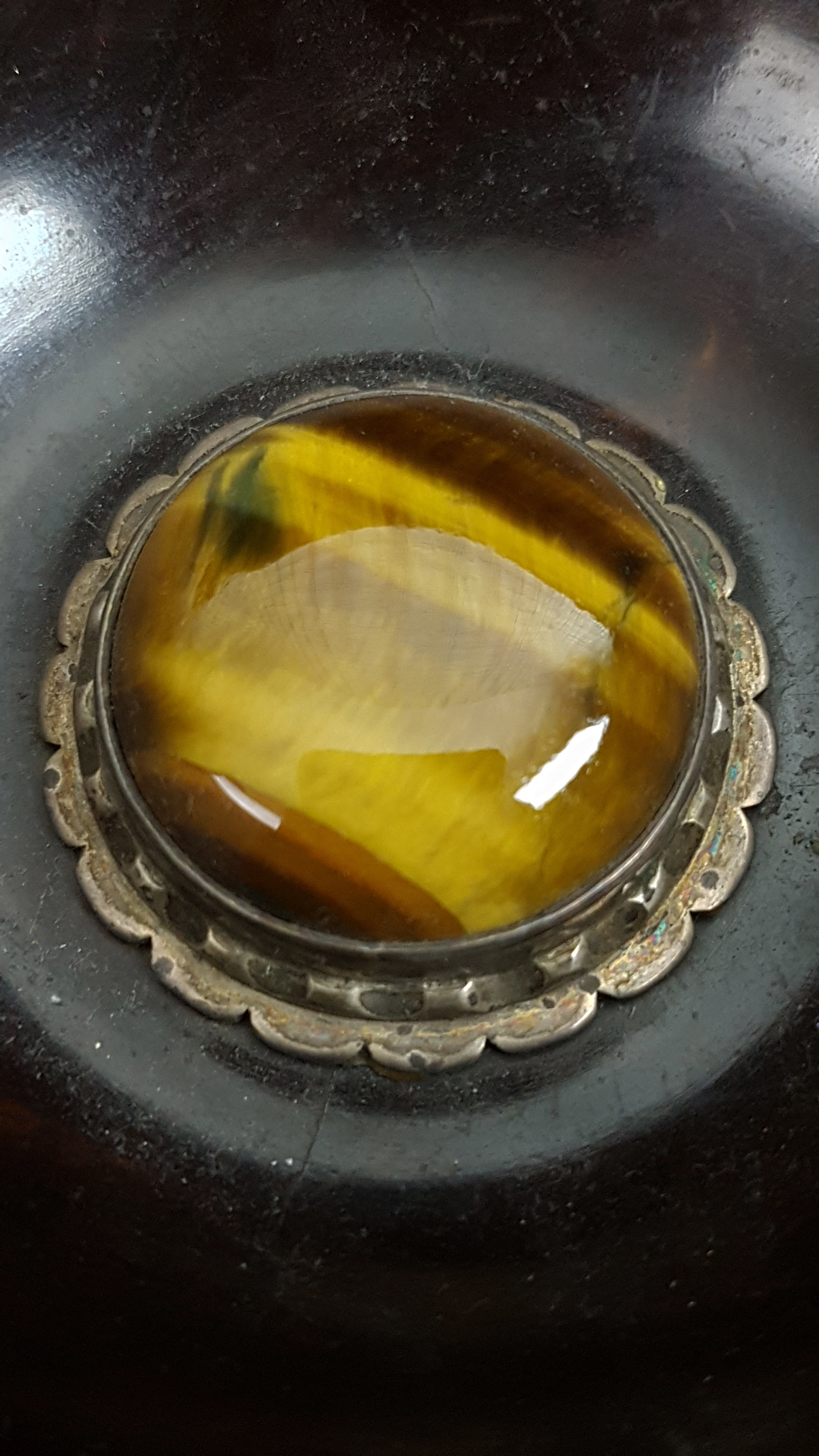 A turned wood Mazer bowl, the interior set with a large cabouchon Tigers Eye stone with metal mount - Image 4 of 4