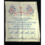 Second World War interest. A patriotic cross stitch sampler panel: There'll always be an England and