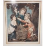 Leon Salles - Coloured mezzotint of The Synnot Children, with large birdcage and dove, a