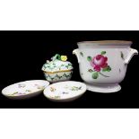 Four items of Herend porcelain, comprising cache pot in Rose pattern; two pin trays, oval, marked