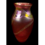 An Okra Glass Vase of squat baluster form, the mottled pink body with golden yellow inclusions,