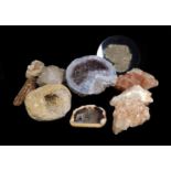 A collection of rock specimens, geodes and crystals, and a museum mounted iron pyrite sample (qty)