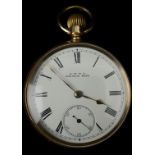 An A.W.W Co, Watham, Massachusets open face pocket watch, gold plated, 7 jewels, movement serial