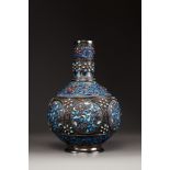 A silver filigree enamelled bottle vase with turquoise and coral inlay