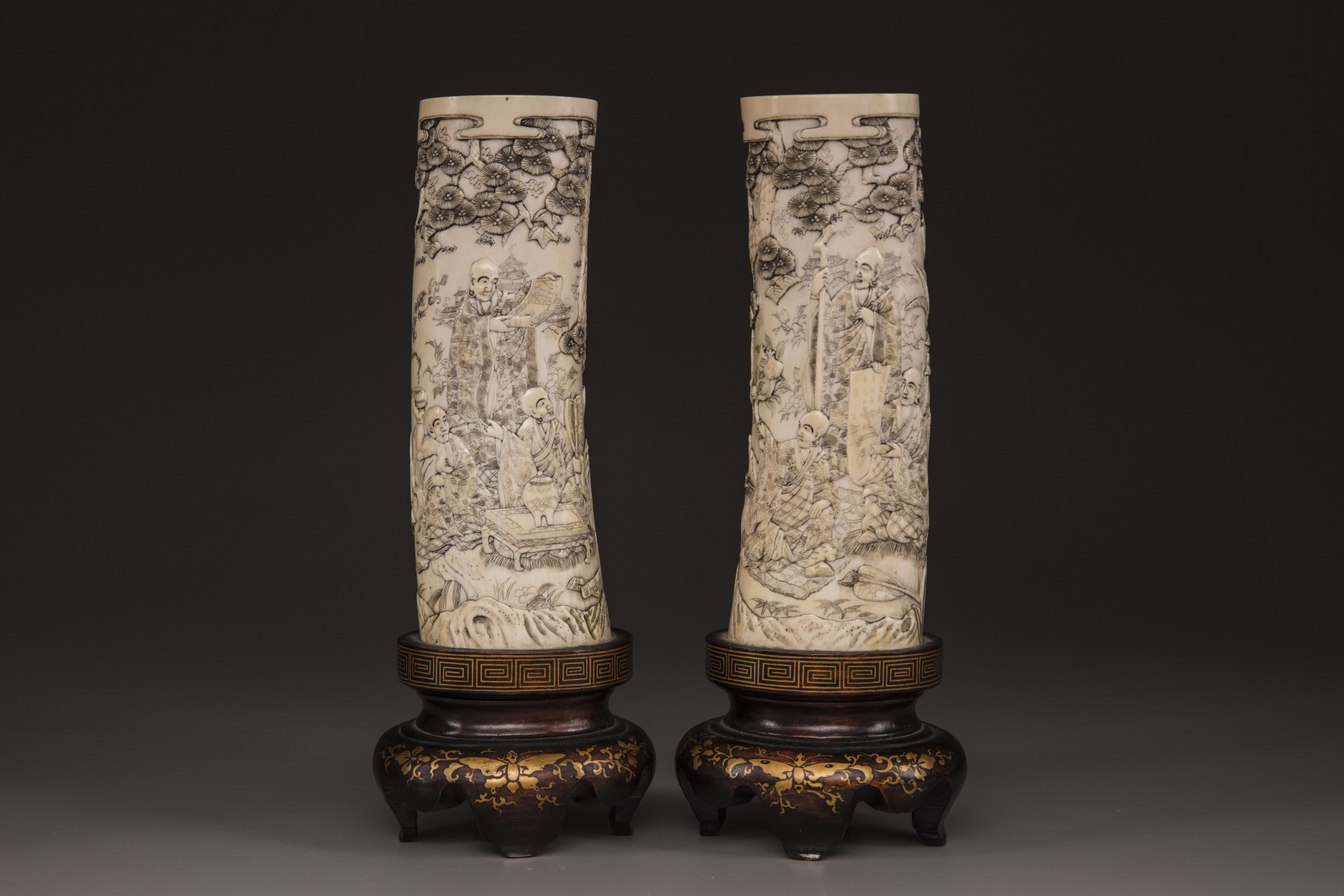 A pair of Japanese carved tusks with wooden base - Image 2 of 2