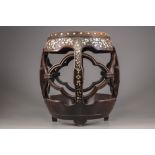 A mother-of-pearl inlaid grey marble-inset barrel-form stool