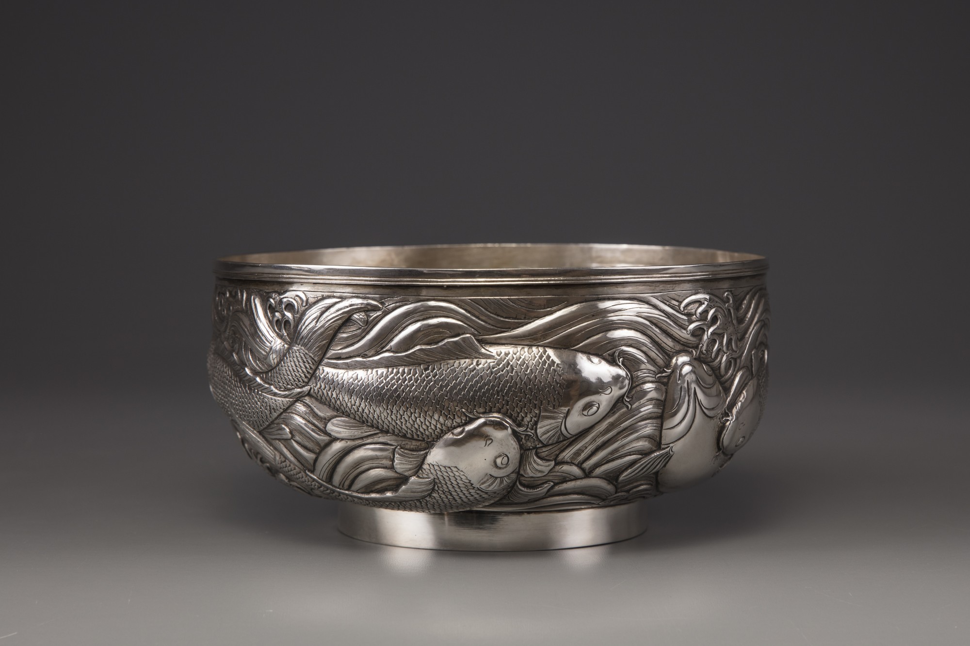 A silver 'carp' bowl, attributed to the Konoike workshop.
