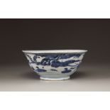 A blue and white 'ducks and lotus' bowl