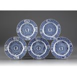 Five blue and white 'shou' character dishes