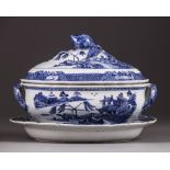 A Chinese blue and white tureen, cover, and stand