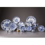 A group of 21 Chinese blue and white cups, saucers and a bowl
